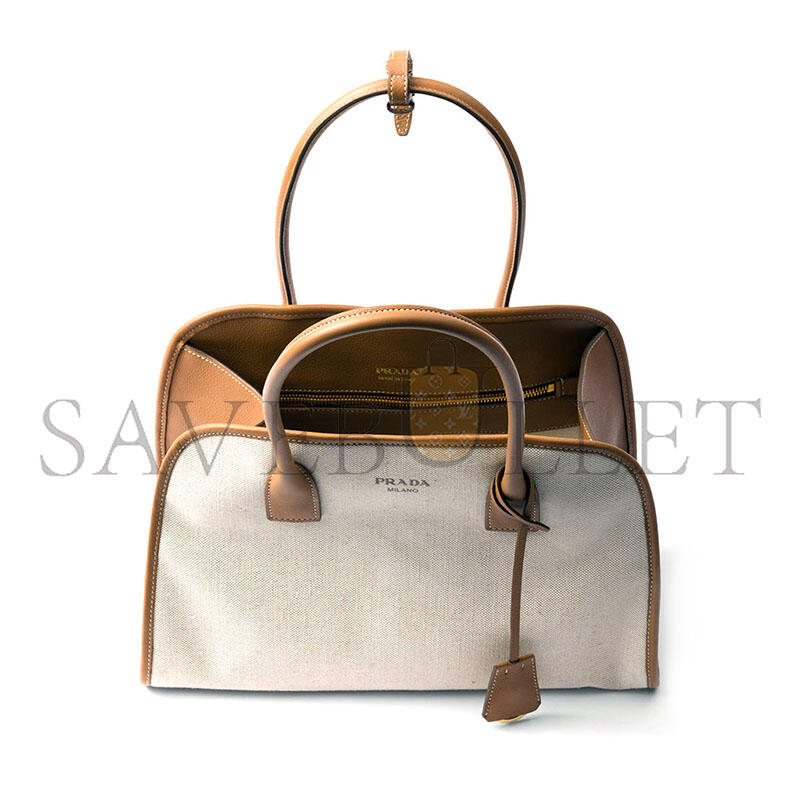 Pra*a medium linen blend and leather tote bag 1bg572 (35*22*18cm)